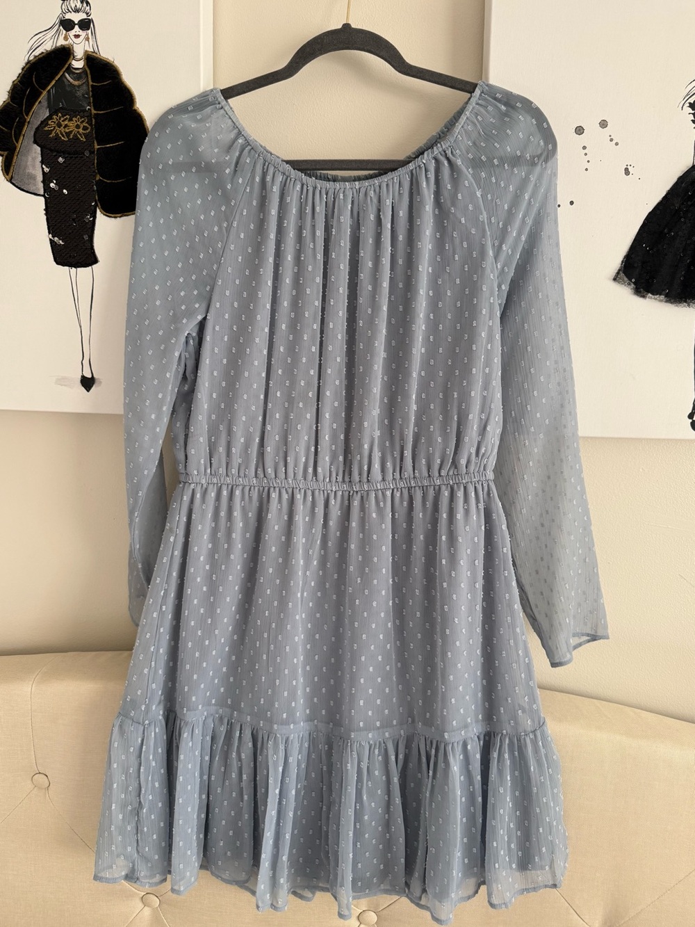 Girls' Blue Swiss Dot Long-Sleeve Tiered Dress